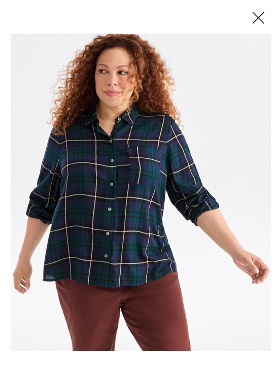 Style & Co. Tops - Plaid Button Down Shirt Blouse in Navy, Green and Cream Preppy Layer Classic NWT